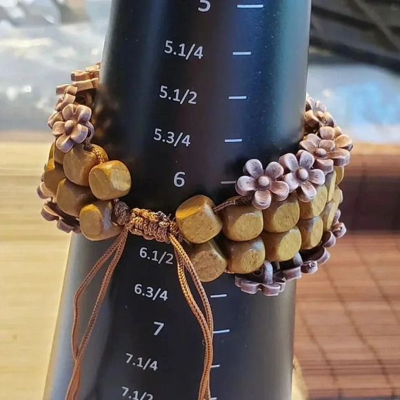 90s Y2K Vintage Brown Wood Mauve Purple Acrylic Flower Beads Adjustable Bracelet - Picture 10 of 10